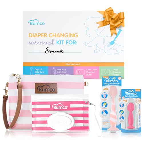 Bumco Baby Essentials Newborn Gift Set with Spatula & Brush (Girls) | Newborn registry gift set. Baby shower gifts include diaper clutch bag, travel wipes wristlet, original and travel tools.