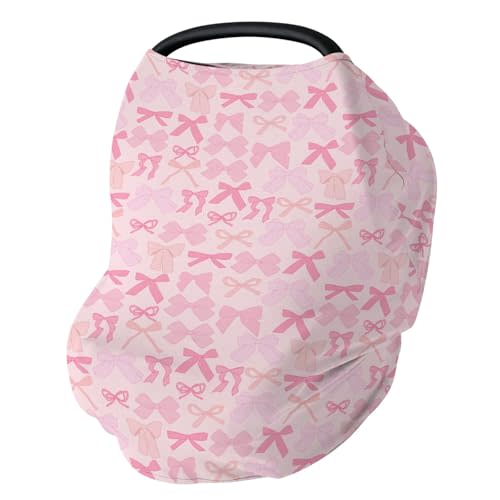 Girl Pink Bows Car Seat Covers for Baby Valentine Bows Stretchy 5-in-1 Cover Adjustable Infant Carseat Canopy Cover Spring Pink Ribbons Breathable Nursing Cover-Up