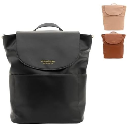 BirdRock Baby Seaside Diaper Bag Backpack - Stylish Vegan Leather, Large Capacity Travel Diaper Bag for Women (Black)