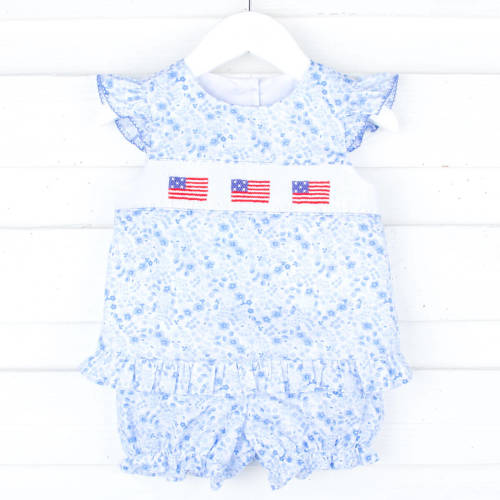 Flag Smocked Blue Floral Bloomer Set