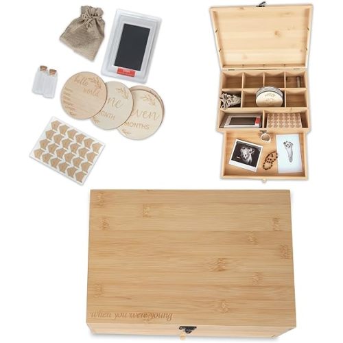Bamboo Baby Keepsake Box Set 5 Accessories Included - Wooden Baby Memory Box with Drawer, Removable Dividers, Lock & Hinges - Eco-Friendly Keepsake Storage Box for Babies & Pets