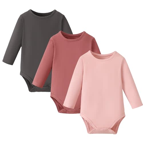 ROMPERINBOX Long Sleeve Onsies Girl 3 Pack Knitted Solid Baby Crew Neck Bodysuit Multicolors 0-24 Months