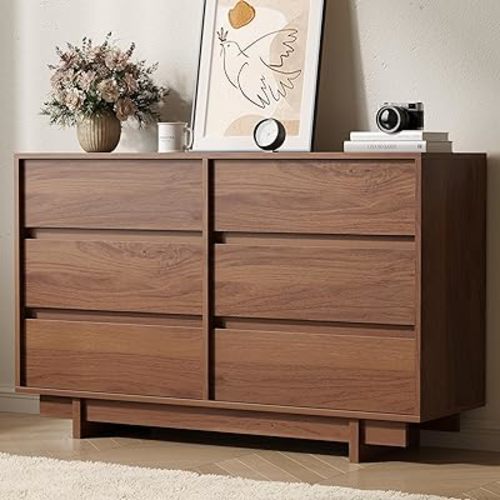Walnut Dresser for Bedroom, 47" Wide 6 Drawer Dresser, Mid Century Modern Dressers Chest of Drawers, Wooden Large Dressers for Bedroom, Closet