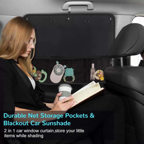 Car Sun Shade Side Window, Blackout Car Window Shade for Baby Privacy with Storage Net Pockets Car Curtains for Heat/UV Protection Sun Block Covers