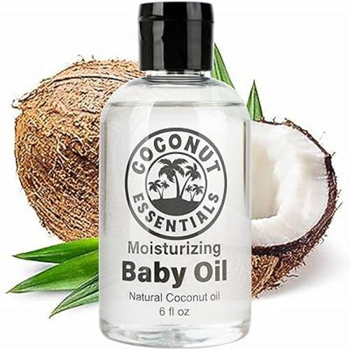 Coconut Essentials BABY OIL - Liquid Coconut oil (MCT) - No Mineral oil - Unscented Moisturizer - Infant & Newborn - Massage, Scalp Sensitive Skin, Eczema & Dry Skin Relief - Fragrance Free (6oz)
