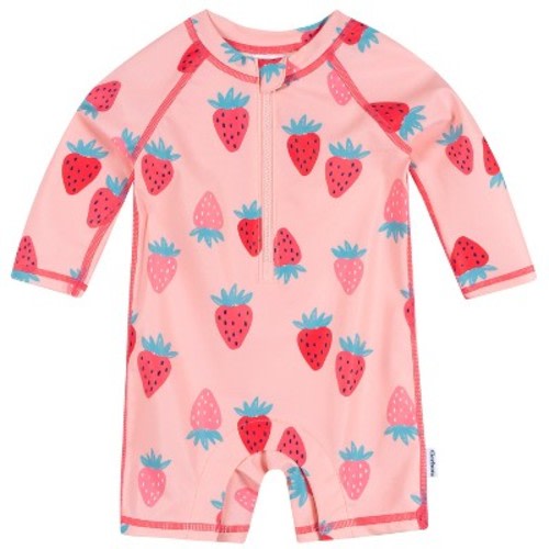 Gerber Baby Girls' Long Sleeve Rashguard Swimsuit, Pink Strawberry, 3-6 Months