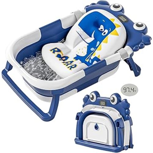 Collapsible Baby Bathtub for Newborns with Thermometer and Soft Floating Cushion Portable and Foldable Travel Baby Boy Bath Tub for Infants to Toddler 0-36 Month (Navyblue)