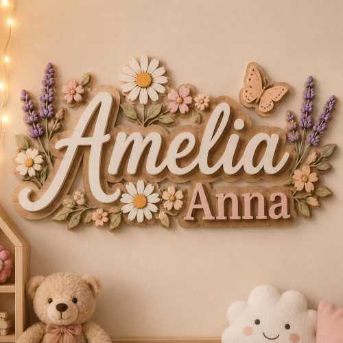 Personalized Wildflower Baby Name Sign,Custom Wooden Nursery Name Sign,3D Daisy Butterfly Wall Decor, Floral Girl Room Sign,Baby Name Plaque