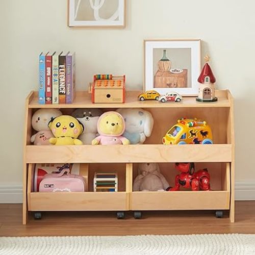 Montessori Shelf 3-in-1 Kids Toy Organizer with Wheels, 2 Pull-Out Drawers & 2-Tier Wooden Storage Cabinet, Spacious Kids Bookshelf Toy Shelf Storage Organizer for Playroom