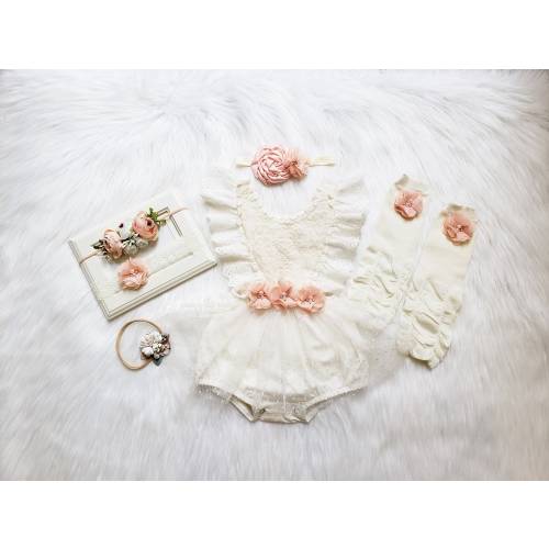 Boho Chic Baby Romper: Off White Lace, Chiffon Flowers
