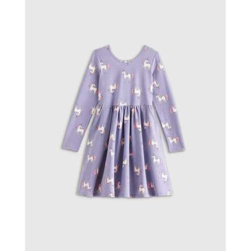 Organic Cotton Long Sleeve Skater Dress - Toddler Girl in Lilac Unicorn