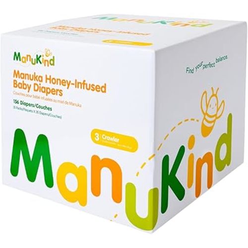 ManuKind Baby Diapers, Manuka Honey Infused, Ultra Soft, Plant-Based Materials, Quick-Dry Comfort, Leak Guard Protection, Size 3 – 156 Diapers (6 Packs of 26)