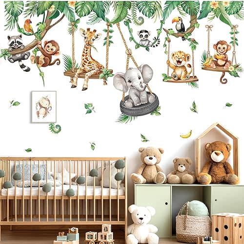 decalmile Jungle Animal on Swings Wall Stickers Safari Animal Elephant Giraffe Monkey Tropical Leaves Wall Decals Baby Nursery Kids Room Wall Decor