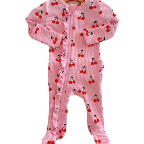 Organic Waffle 2-Way Zip Ruffle Footie, Pink Cherries – SpearmintLOVE