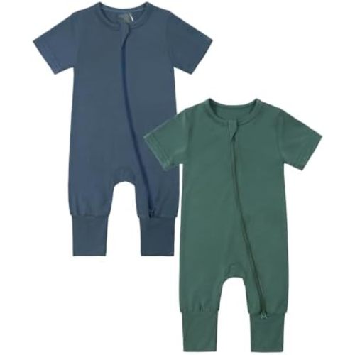 Kids Tales 2 Pack Baby Rayon of Bamboo Zipper Romper Pajamas Infant Short Sleeve Long Pants Bodysuit Toddler Jumpsuit PJS