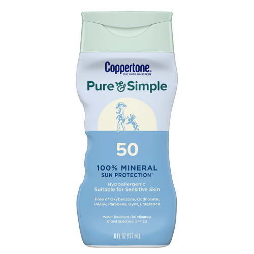 Coppertone Pure and Simple Mineral Sunscreen Lotion SPF 50 with Zinc Oxide, Hypoallergenic, 6 fl oz