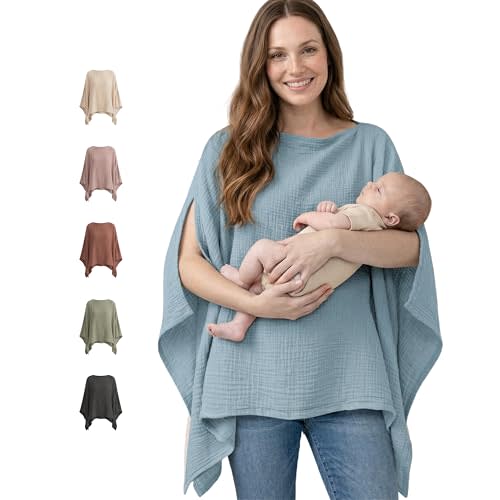 Konssy Muslin Nursing Cover for Breastfeeding, 360° Full Privacy Breathable 100% Cotton Breastfeeding Cover, Multi-use Carseat Canopy(Blue)
