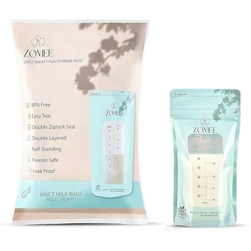 Zomee Breast Milk Storage Bags 8oz – Leakproof Double-Zip Seal, Self-Standing, Easy-Pour Design, Freezer Safe, Pre-Sterilized, BPA & Phthalate Free – Bulk Pack of 100