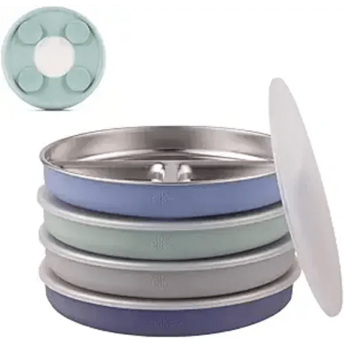 Elk and Friends Stainless Steel Divided Plates with Silicone Sleeve for Babies & Toddlers | Lids Included | Stay Put Suction | Dinner & Snack Plates | 4 Pack