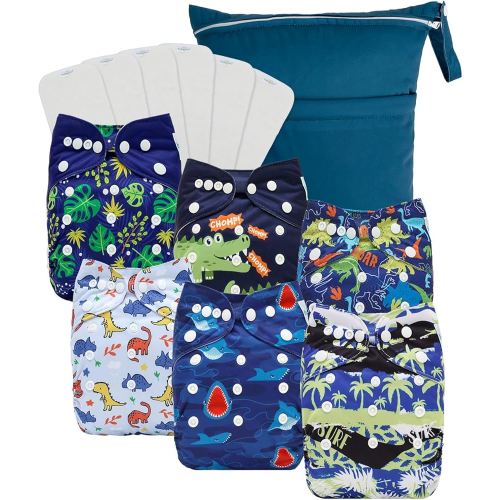 Babygoal Baby Cloth Diaper 6 Pack with 6pcs Inserts and Wet Bag for Fitted Diapers and Prefolds, Adjustable and Reusable Covers for Toddler Boys and Girls