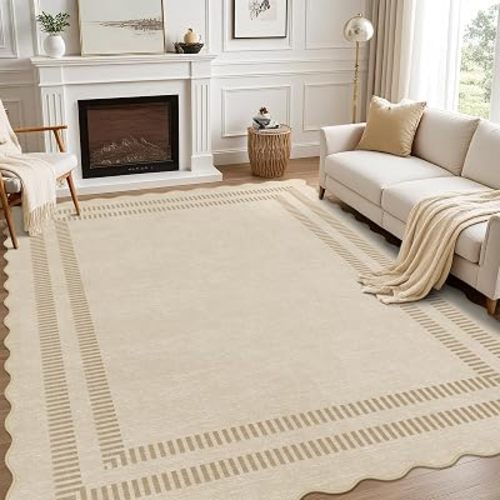8x10 Area Rugs, Scalloped Grey Modern Living Room Rug, Solid Khaki Machine Washable Rug Non-Slip, Soft Lightweight Carpet for Bedroom Playroom Dining Room