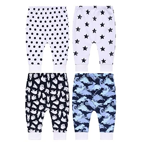 Pack of 4 Baby Jogger Pants - Soft Cotton Pants for Boys and Girls - Unisex Cute Color Designs for Infants