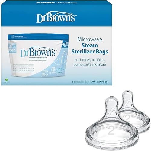 Dr. Brown's Microwave Steam Sterilizer Bags for Baby Bottles, Pacifiers, Pump Parts and Accessories, 5-Pack + Dr. Brown's Natural Flow Level 2 Wide-Neck Baby Bottle Silicone Nipple, 2 Count