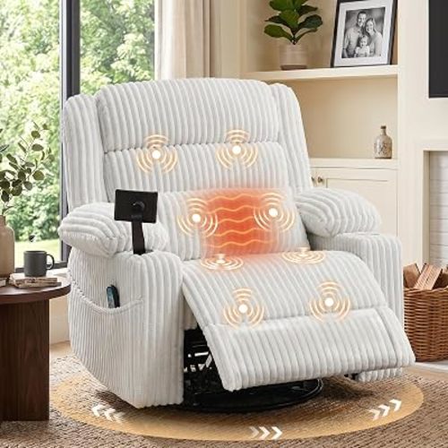 Power Swivel Rocker Recliner w/Massage and Heat, USB A&C, Pale Grey