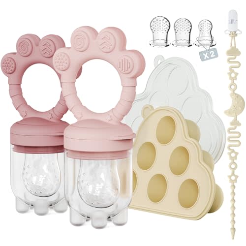 2 Pack Baby Fruit Food Feeder+Breastmilk Popsicle Molds,Baby Teethers,BPA Free,2mm Fine Holes to Prevent Choking,Perfect for Teething Relief & Infant Solid Food Introduction,3M+（Mauve Pink, Soft Pink）