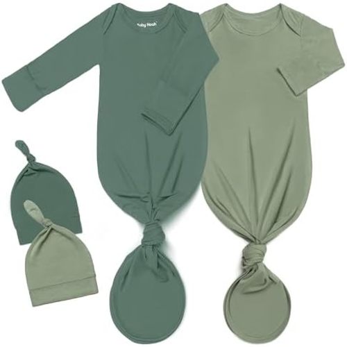 2Pack Knotted Gown Baby, Super Soft Long Sleeve Newborn Hospital Outfit Boy Girl Coming Home, Built-In Mittens Clothes