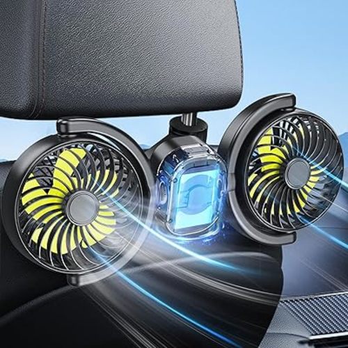 Dealswin Rechargeable Car Fan for Backseat Kids, Battery and USB Dual Power Car Fans, Independent Control 360°Adjustable Dual Head Car Seat Fan Headrest Cooling Fan for Sedan SUV RV Truck Vehicle