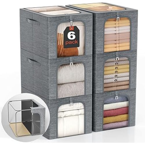 GoMaihe Clothes Storage Bin with Metal Frame: 6-Pack Stackable Clothing Storage Bin with Lid for Closet, Fabric Storage Bag Organizer Boxes for Sweaters T-Shirts Bedding Towels 40L