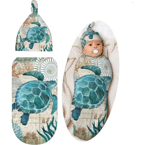 Ocean Coastal Beach Turtle Baby Stuff Newborn Baby Swaddle Blanket Sleep Sack Soft Baby Wrap Blanket with Beanie Hat Set Gifts for Boys Girls Infant