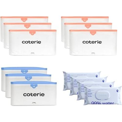 Coterie Newborn Diapers + Water Wipes Baby Kit - Essential Newborn Must-Haves - Size NB (3 packs) + Size 01 (6 packs) = 291 diapers