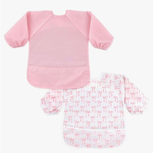 2 Pack Long Sleeve Baby Bib with Pink Bow Print Waterproof & Easy Wipe Smock Bib Coverall Baby Feeding Bibs for Eating, Mess-Proof Feeding Essentials, Newborn Shower Gift (6-24 M)