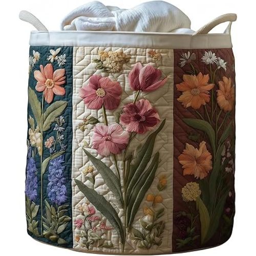 Quilted Laundry Basket with Handles, Foldable Fabric Storage Bin with Handles for Bedroom, Boho Style Basket for Nursery, Bedroom, Laundry Room & Toy Storage (Patchwork flowers, S)