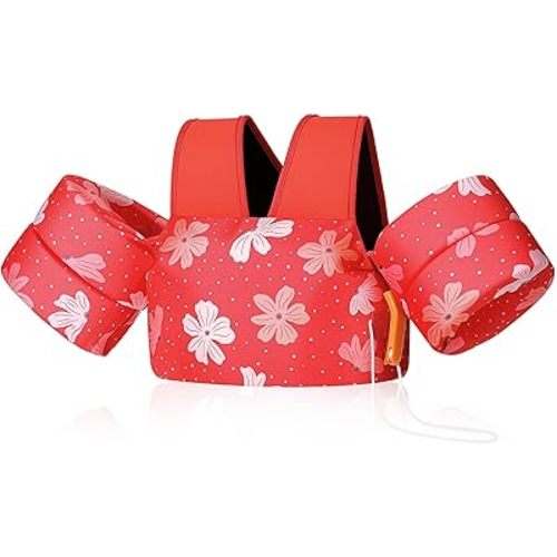 MoKo Toddler Swim Vest for Kids, Swim Arm Floaties 22-66lbs Cartoon Swimming Water Wings Pool Float Vests Sleeves Shoulder Straps Arm Band for Children Learn to Swim, Red Flowers