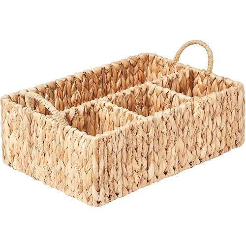 Wicker Basket Divided Storage with Handles - Natural Water Hyacinth Organizer for Diaper Essentials, Kitchen Utensils, Bathroom & Nursery Organization, 4 Compartments