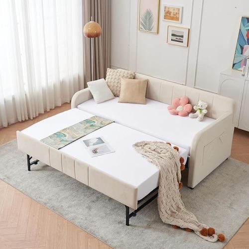 DNYN Twin Size Velvet Daybed Frame with Pop-up Trundle Bed for Bedroom Guest/Living Room, Space-Saving Upholstered Sofabed with USB Port & Side Pocket, No Box Spring Needed
