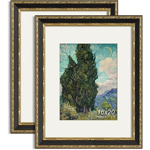 Yaetm 16x20 Vintage Picture Frame, Ornate Antique Gold 16x20 Frame for Wall, White Mat for 11x14 Photos, 1.4-inch Wide Molding - Portrait or Landscape - Wall Mount for Home (Black/Gold, 2 Pack)