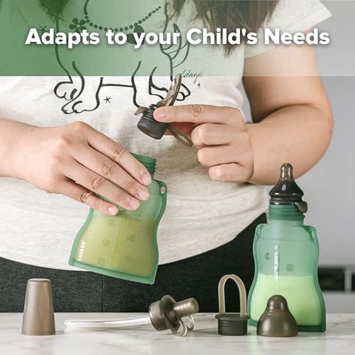 haakaa Yummy Pouch Reusable Baby Food Pouch, Reusable Pouches for Toddlers Kids Squeezable Pouch, Washable Freezer - Make Homemade Organic Food for Babies/Toddlers, 4oz, 2 Pack,6m+(Pea Green)