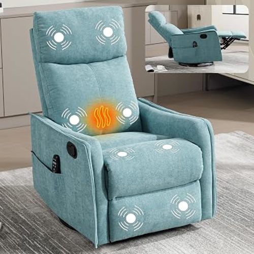 Massage Chair Recliner with Heat, Swivel Rocking Chair Recliner with High Back, Manual Nursery Recliners for Adults, Small Recliner Chair for Small Spaces, Living Room Bedroom, Fabric, Blue Green