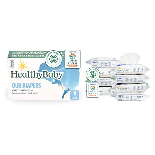 HealthyBaby Our Diapers Size 1 (7-14lbs) 70 Count and Our Wet Wipes (8 Packs, 512 Wipes)