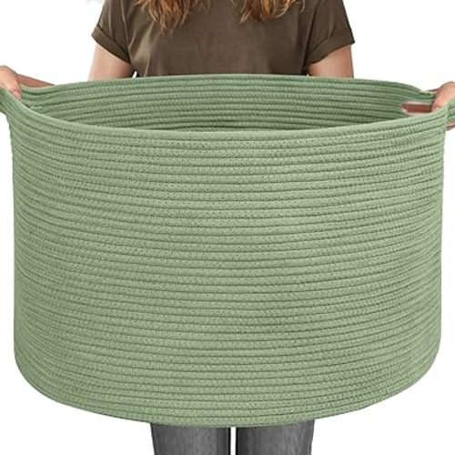115L Oversized Green Basket, 23.6"x15.7" Woven Cotton Rope Bin for Blankets, Nursery Wicker Laundry Hamper, Kids Toy Storage Bin, Sage Green Living Room Bedroom Decor Baskets for Organizing