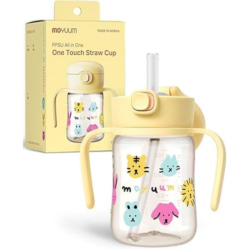 MOYUUM Leak Proof Sippy Cup with Handle | Made in Korea, 100% BPA Free PPSU, Magic No Spill Straw Cup with Attached Flip Top Lid, Easy to Hold for Babies and Toddlers, 6oz Yellow