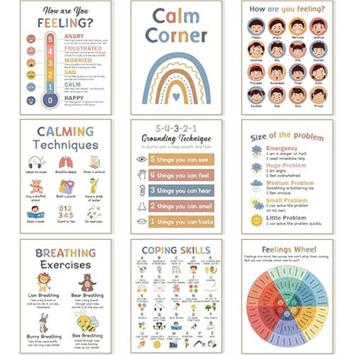 9 Calming Corner Posters Classroom, Calm Down Corner Feelings Chart for Kids, Mental Health Posters, Classroom Educational Poster Emotions Chart Coping Skills, Preschool Classroom Wall Art Decorations