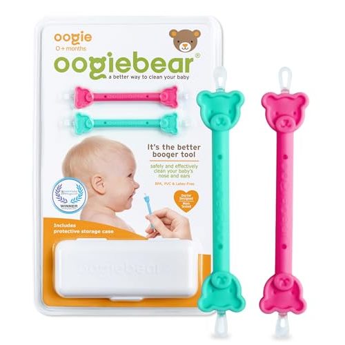 oogiebear - Nose and Ear Gadget. Safe, Easy Nasal Booger and Ear Cleaner for Newborns and Infants. Dual Earwax and Snot Remover - 2 Pack with case - Raspberry and Seafoam