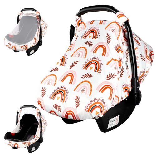 Carseat Cover Girls, Infant Car Seat Covers Canopy for Newborn with 2 Layers Windows of Breathable Mesh/Fabric, Lightweight Polyester Dot Backing