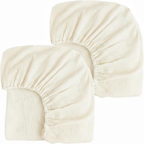 PET REJOIR 2 Pack Ivory Muslin Crib Sheets for Boys & Girl- Neutral Breathable Cotton Crib Mattress Sheets Fitted for Standard 28"x 52"- Nursery Décor No Slip Crib Bed Sheets