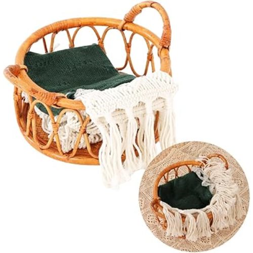 Kate Newborn Photography Props Rattan Circular Basket Handcrafted Bed Mini Bed with Boho Woven Blanket and Stretch Wrap for Baby Photography Posing Props Photoshoot
